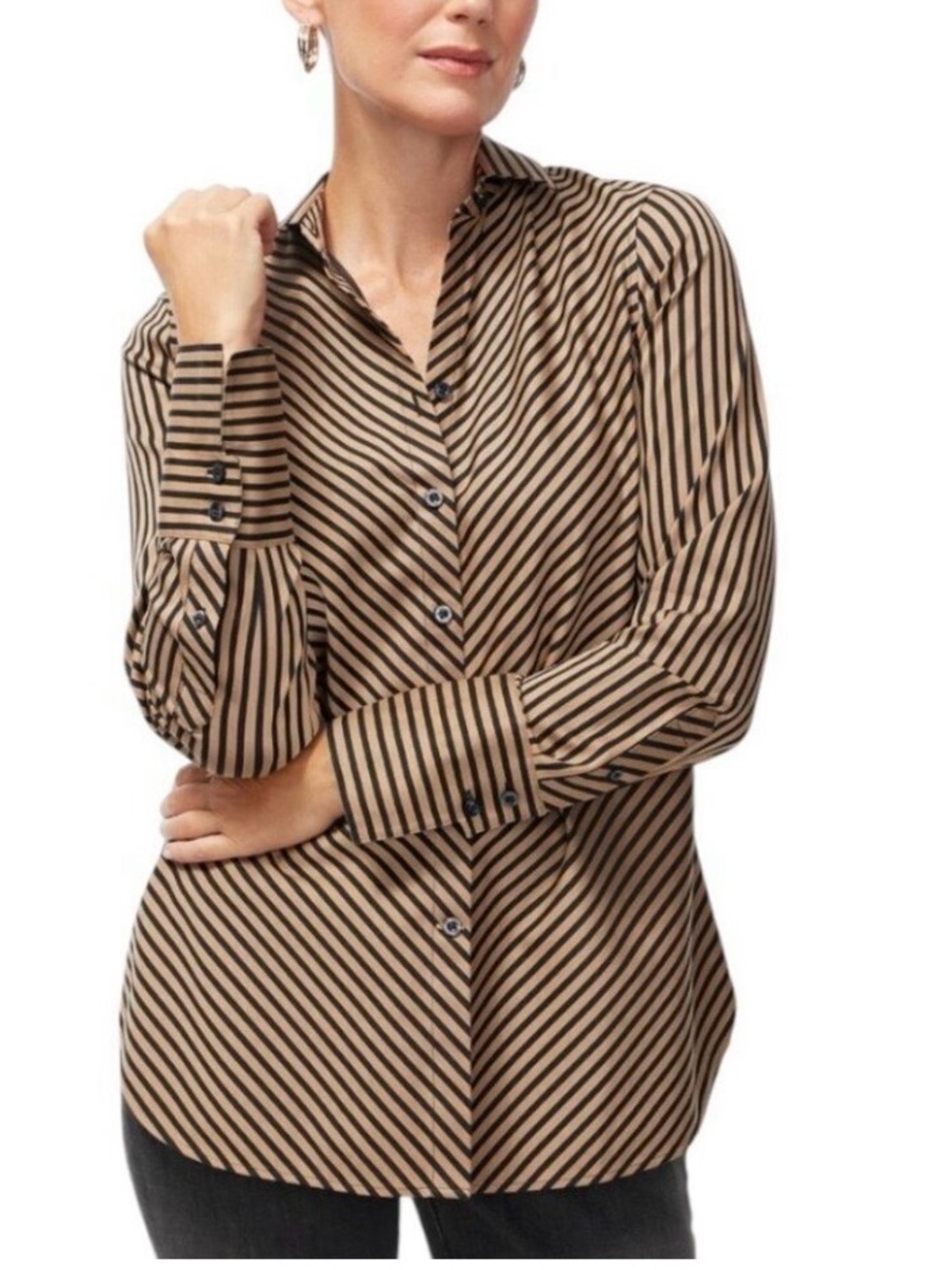 Chico's No Iron Sateen Imperial Stripe Button Front Blouse Black Tan Cotton M
